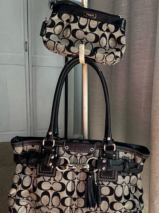 Coach Handbags - Coach Black Signature Jacquard Tote with Leather Trim with matching wristlet